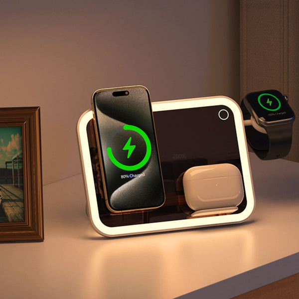 Three-in-1 Wireless Charger LED Makeup Mirror Desk Lamp Night Light
